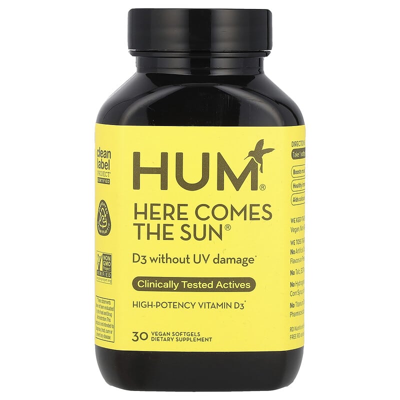 HUM Nutrition, Here Comes The Sun, viên uống Vitamin D3 cao cấp 30 viên mềm 10 hum nutrition here comes the sun high potency vitamin d3 30 vegan softgels 145394 850008331367