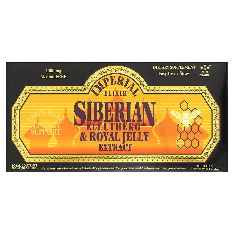 Chiết xuất Eleuthero Siberian & Nhân Sâm Hoàng Đế không cồn 4000 mg 30 Lọ 10 ml của Imperial Elixir 10 imperial elixir siberian eleuthero royal jelly extract alcohol free 4000 mg 30 bottles 0 34 fl oz 10 ml each 16485 715783393576