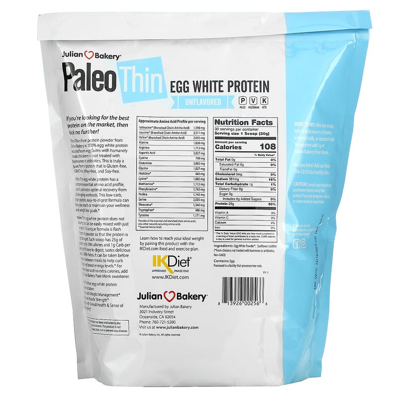 Thành phần vi chất của Julian Bakery Paleo Thin Egg White Protein Unflavored 2 lbs (907 g) 813926002566