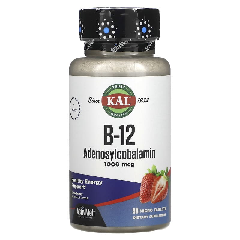 KAL B-12 Adenosylcobalamin Dâu 1.000 mcg 90 viên Nhỏ 10 kal b 12 adenosylcobalamin strawberry 1 000 mcg 90 micro tablets 73751 021245988823