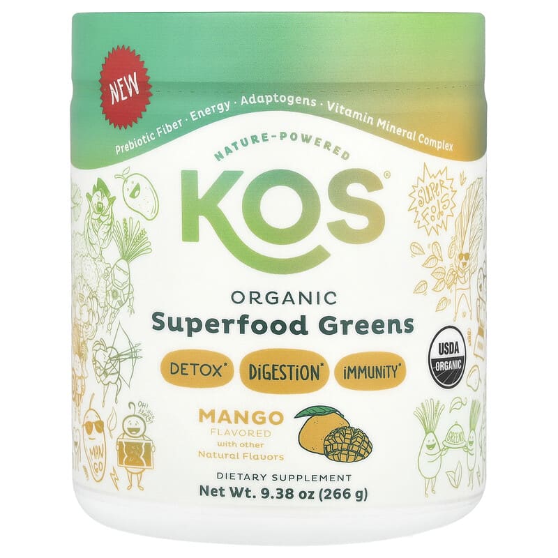 KOS, Organic Superfood Greens, Mango, 9,38 oz (266 g) 850051063093