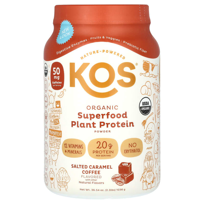 KOS, Organic Superfood Plant Protein Powder, Salted Caramel Coffee, 2,3 lbs (1.036 g) 850051063017