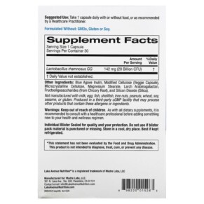 Thành phần vi chất của Lake Avenue Nutrition Digestive Support Probiotic Probiotic & Prebiotic Blend 20 Billion CFUs 30 Veggie Capsules 898220015283