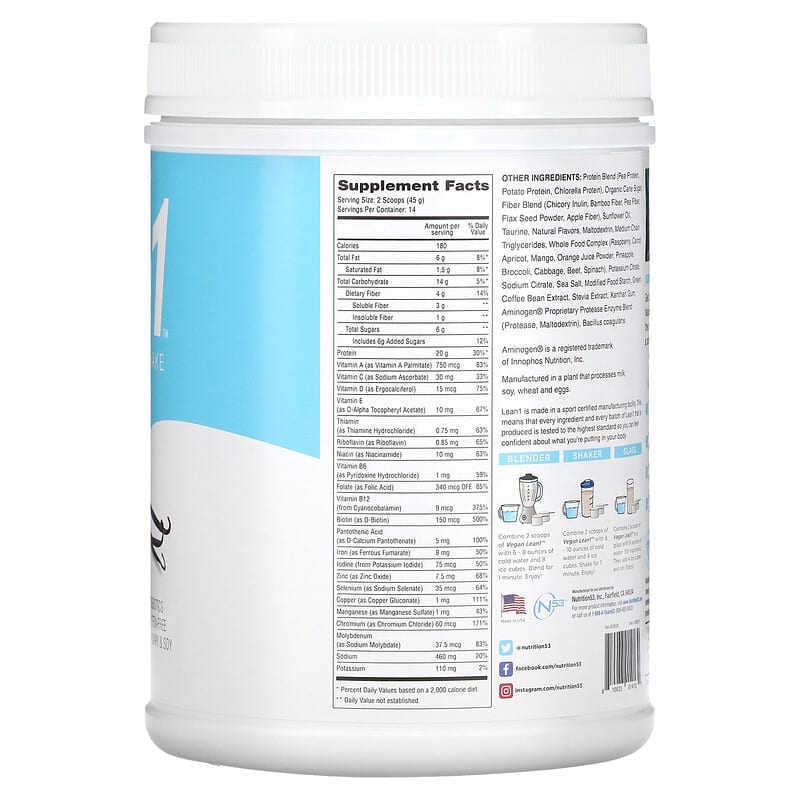 Thành phần vi chất của Lean1 Nature's Protein Shake Vanilla 1.4 lb (630 g) 810033014130