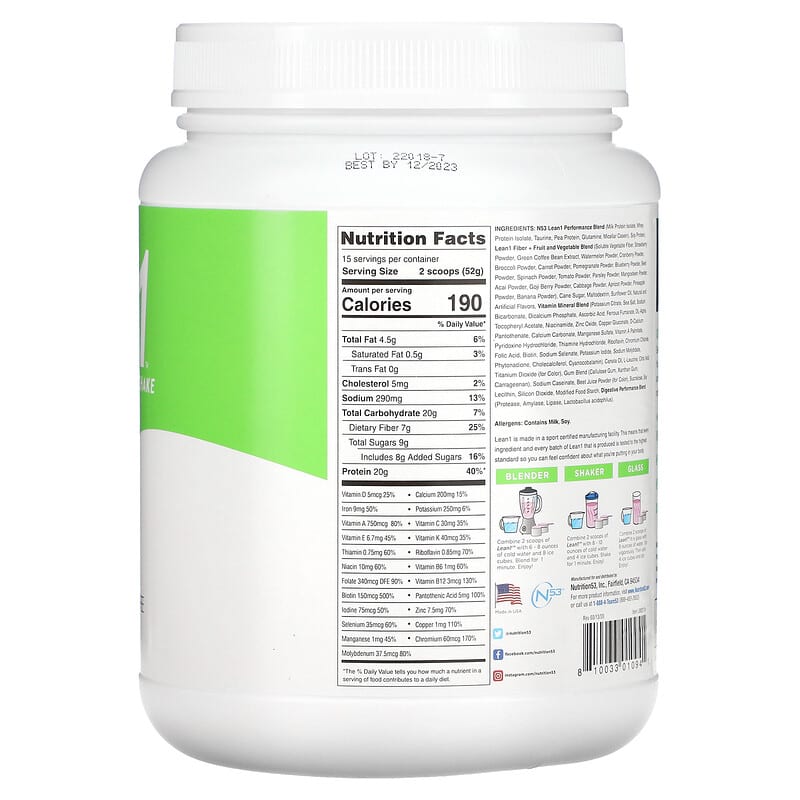 Thành phần vi chất của Lean1 Original Fat Burning Meal Replacement Protein Shake Strawberry 1.7 lb (780 g) 810033010941