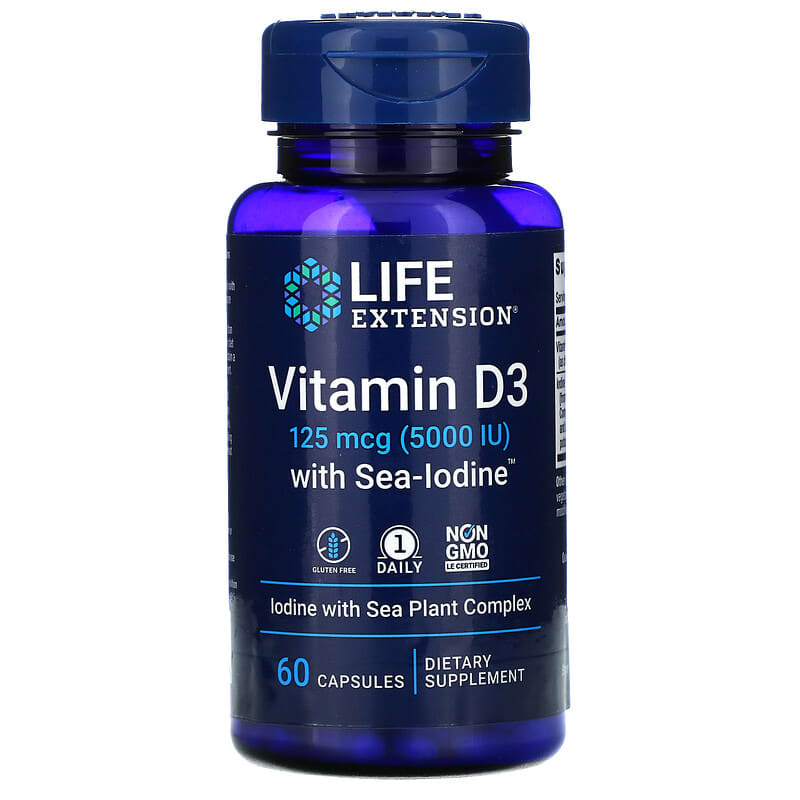 Viên uống Vitamin D3 với Sea-Iodine 125 mcg (5.000 IU) 60 viên của Life Extension 10 life extension vitamin d3 with sea iodine 125 mcg 5 000 iu 60 capsules 55645 737870175865