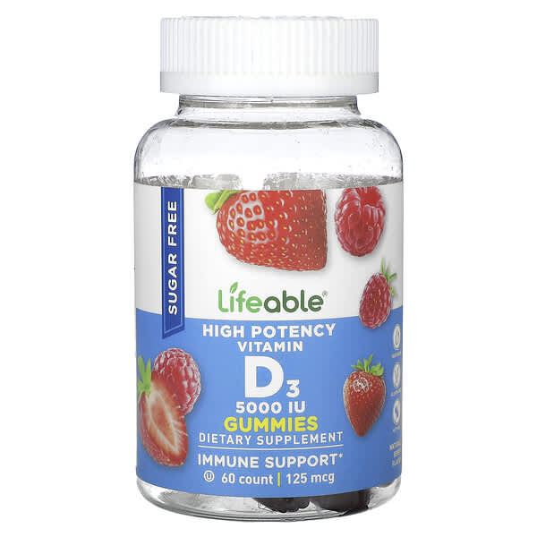 Lifeable High Potency Vitamin D3 Gummies Sugar Free Natural Berry 125 mcg 5.000 IU 60 viên nhai 810102730909