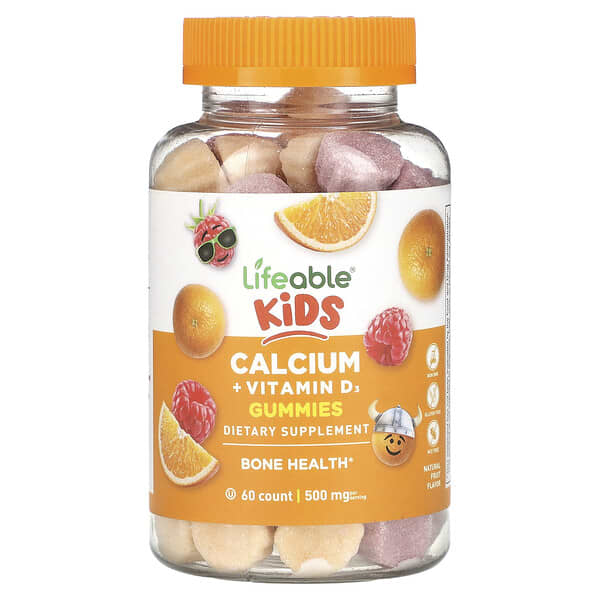Lifeable Kids Calcium + Vitamin D3 Gummies Natural Fruit 500 mg 60 viên nhai 250 mg/viên 10 lifeable kids calcium vitamin d3 gummies natural fruit 500 mg 60 gummies 250 mg per gummy 124758 850023062383