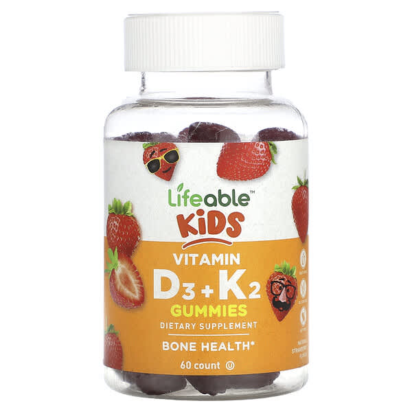 Lifeable Kids Vitamin D3 + K2 viên nhai Natural Strawberry 60 viên nhai 10 lifeable kids vitamin d3 k2 gummies natural strawberry 60 gummies 124812 810102730237