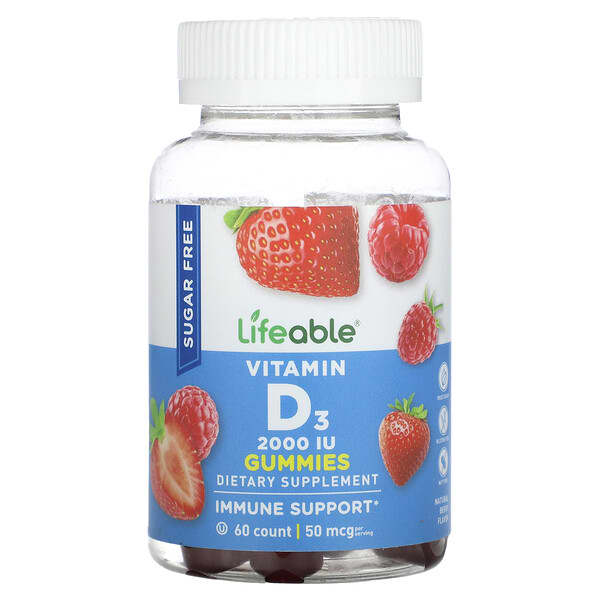 Lifeable Vitamin D3 Gummies Sugar Free Natural Berry 2.000 IU 60 viên nhai 25 mcg 1.000 IU/viên 10 lifeable vitamin d3 gummies sugar free natural berry 2 000 iu 60 gummies 25 mcg 1 000 iu per gummy 124803 810102730893