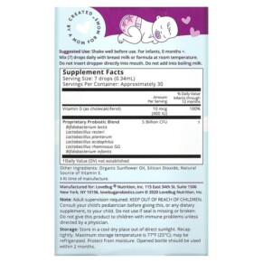 Giọt Probiotic LoveBug Probiotics cho trẻ sơ sinh 5 tỷ CFU 0.34 fl oz (10 ml) 3 Thành phần vi chất của LoveBug Probiotics Baby Probiotic Drops 5 Billion CFU 0.34 fl oz (10 ml) 850002716412