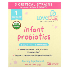 Thực phẩm bổ sung LoveBug Probiotics Infant Probiotics 0-6 Months 1 Billion CFU 30 Single Stick Packs 0.05 oz (1.5 g) Each 861383000328