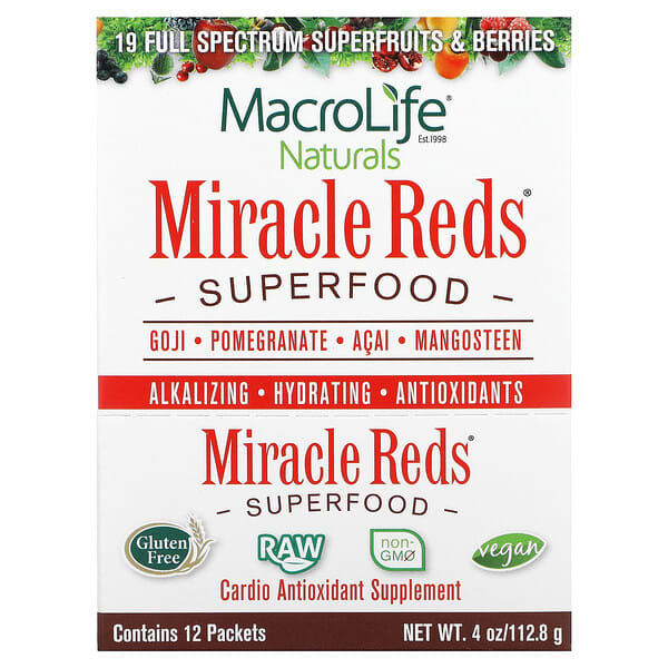Macrolife Naturals Miracle Reds Superfood Goji Pomegranate Acai Mangosteen 12 gói 0,3 oz 9,5 g 4 Macrolife Naturals Miracle Reds Superfood Goji Pomegranate Acai Mangosteen 12 gói 0,3 oz 9,5 g 852434001135