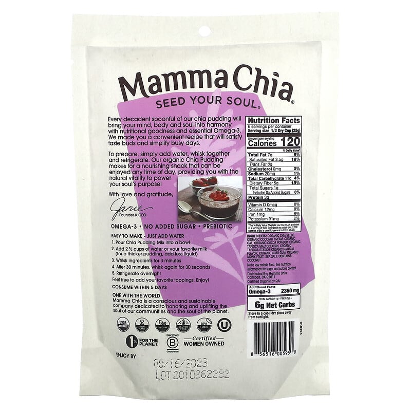 Thành phần vi chất của Mamma Chia Chia Pudding Mix Dark Chocolate 5.3 oz (150 g) 856516005950