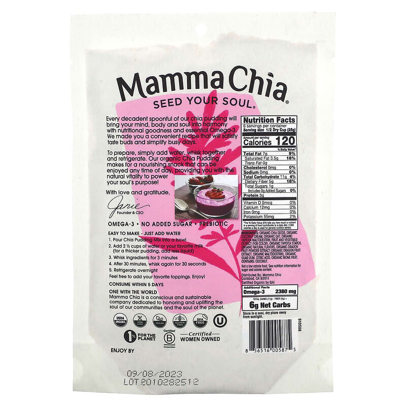 Thành phần vi chất của Mamma Chia Chia Pudding Mix Dragon Fruit 5.3 oz (150 g) 856516005875