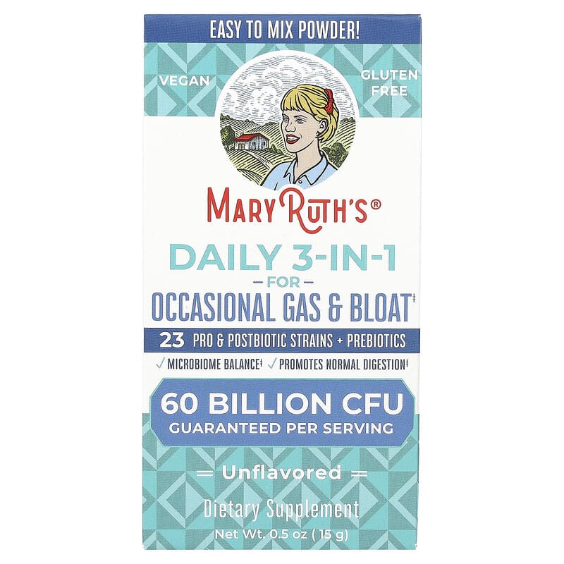 MaryRuth's, viên uống hỗ trợ tiêu hóa 3 trong 1 cho đầy hơi và chướng bụng, không vị, 60 tỷ CFU, 0,5 oz (15 g) 10 maryruth s daily 3 in 1 for occasional gas bloat unflavored 60 billion cfu 0 5 oz 15 g 138356 810104621854