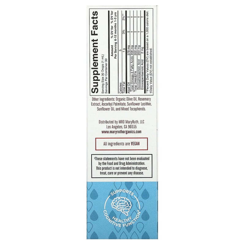 Dầu Omega-3 dạng lỏng cho trẻ sơ sinh và trẻ nhỏ MaryRuth's, không vị, 30 ml, từ 6 tháng đến 3 tuổi 9 Dầu Omega-3 dạng lỏng cho trẻ sơ sinh và trẻ nhỏ MaryRuth's, không vị, 30 ml, từ 6 tháng đến 3 tuổi 850018471411