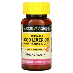 Thực phẩm bổ sung Mason Natural Chewable Cod Liver Oil with Vitamins A C & D Orange 100 Chewables 311845136312