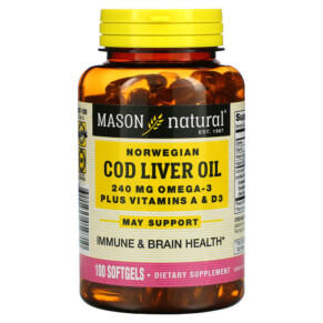Thực phẩm bổ sung Mason Natural Norwegian Cod Liver Oil Plus Vitamins A & D3 100 Softgels 311845059710