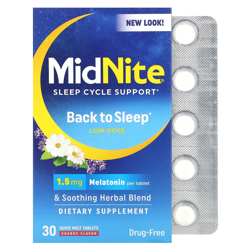 MidNite, Sleep Cycle Support, Low Dose, Cherry, 1,5 mg, 30 Quick Melt Tablets 091108350302