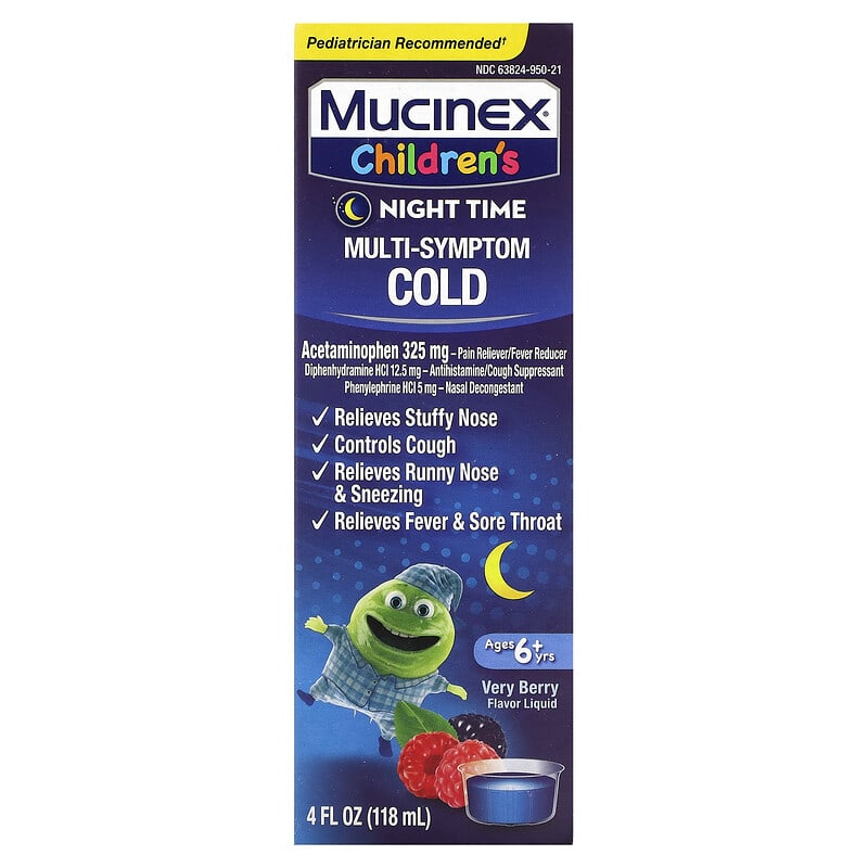 Thuốc trị cảm cúm đa triệu chứng Mucinex, ban đêm, từ 6 tuổi trở lên, hương berry rất ngon, 118 ml 10 mucinex children s multi symptom cold night time ages 6 yrs very berry 4 fl oz 118 ml 132216 363824600642