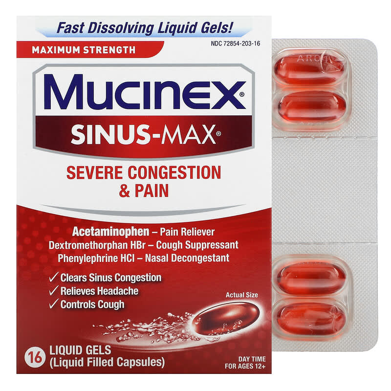 Mucinex, Sinus-Max, Severe Congestion & Pain, Maximum Strength, For Ages 12+, 16 viên 363824692166