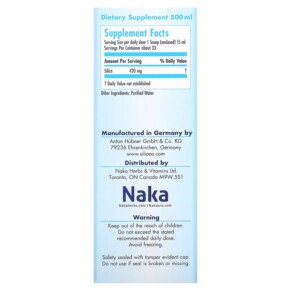 Thành phần vi chất của Naka Herbs & Vitamins Ltd Hubner Original Silica Gel 17 fl oz (500 ml) 623543125001