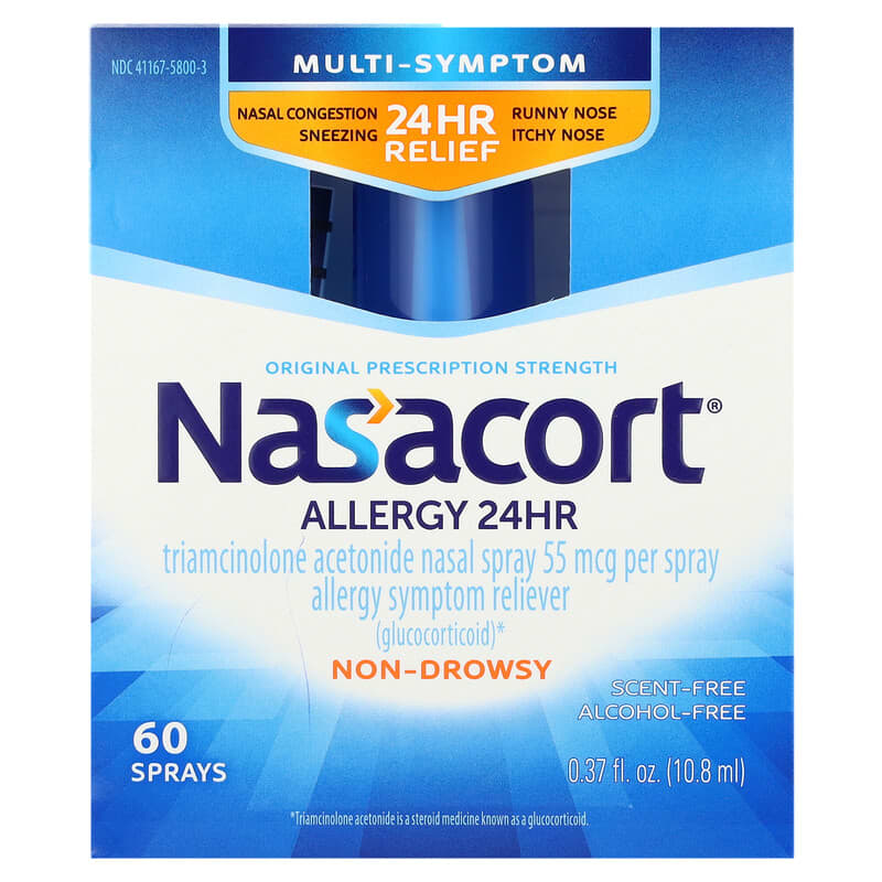 Nasacort, Multi-Symptom Allergy 24 HR, Alcohol Free, Scent-Free, 60 Sprays, 0,37 fl oz (10,8 ml) 041167580035