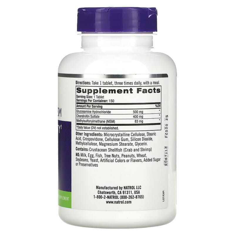 Natrol Glucosamine Chondroitin & MSM 150 viên nén 2 Thành phần vi chất của Natrol Glucosamine Chondroitin & MSM 150 Tablets 047469002244