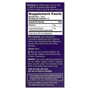 Viên uống Natrol Kids Melatonin dâu cho trẻ từ 4 tuổi trở lên - 40 viên 3 Thành phần vi chất của Natrol Kids Melatonin Ages 4 & Up Strawberry 40 Tablets 047469075293