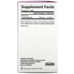Thành phần vi chất của Natural Factors B12 Methylcobalamin 1.000 mcg 90 Chewable Tablets 068958012421