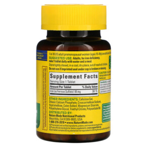 Thành phần vi chất của Nature Made Iron 65 mg 180 Tablets 031604026127