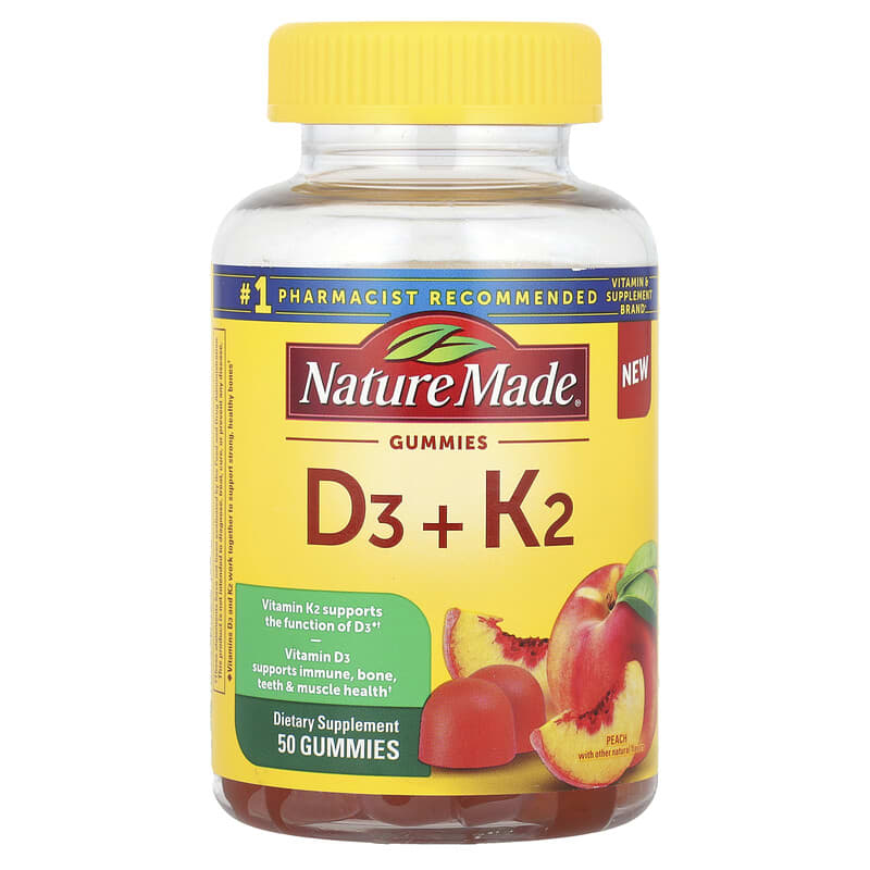 Nature Made, Vitamin D3 + K2 Gummies, Peach, 50 viên nhai 031604002510