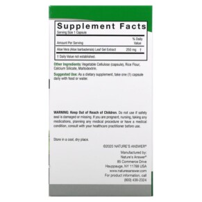 Thành phần vi chất của Nature's Answer Aloe Vera Phytogel 250 mg 90 Vegetarian Capsules 083000161148