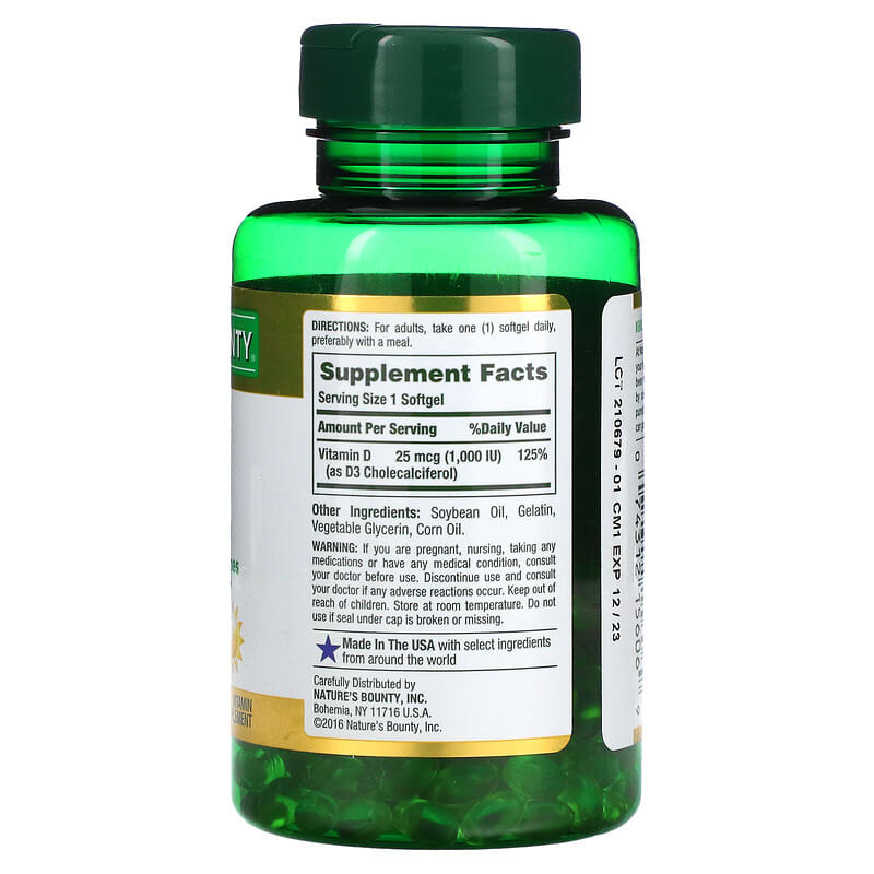 Viên uống Vitamin D3 Nature's Bounty 25 mcg (1000 IU) 250 viên nang mềm giải phóng nhanh 2 Thành phần vi chất của Nature's Bounty D3 25 mcg (1000 IU) 250 Rapid Release Softgels 074312156069