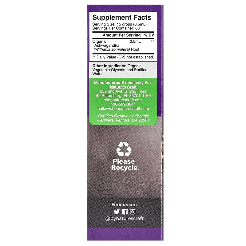 Nature's Craft, Ashwagandha Hữu Cơ 30 ml 9 Nature's Craft, Ashwagandha Hữu Cơ 30 ml 850050639138