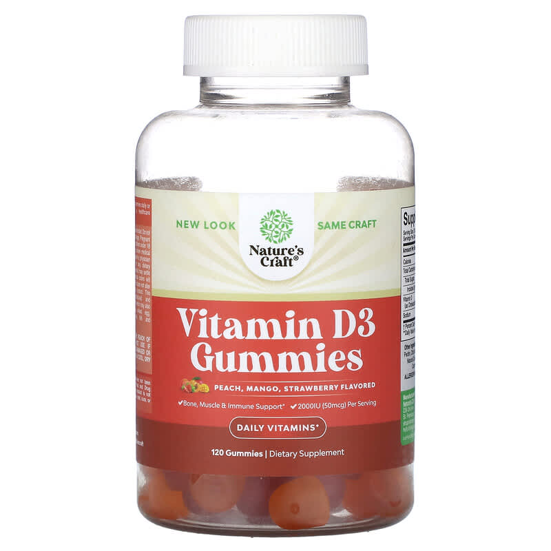 Kẹo dẻo Vitamin D3 vị Đào, Xoài, Dâu tây 2.000 IU (50 mcg) 120 viên nhai Nature's Craft 10 nature s craft vitamin d3 gummies peach mango strawberry 2 000 iu 50 mcg 120 gummies 1 000 iu 25 mcg per gummy 133381 850047947697