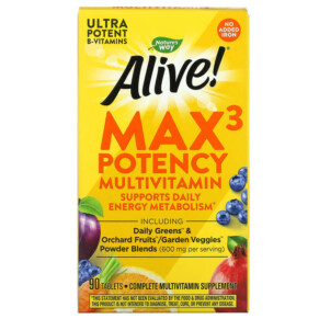 Thực phẩm bổ sung Nature's Way Alive! Max3 Potency Multivitamin No Added Iron 90 Tablets 033674149317