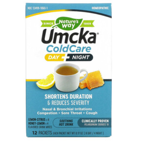 Thực phẩm bổ sung Nature's Way Umcka Cold Care Day + Night Soothing Hot Drink Lemon-Citrus Honey-Lemon 12 Packets 0.17 oz Each (8 Day / 4 Night) 033674106013