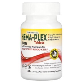 Thực phẩm bổ sung NaturesPlus Hema-Plex Iron with Essential Nutrients for Healthy Red Blood Cells 30 Slow Release Tablets 097467037601