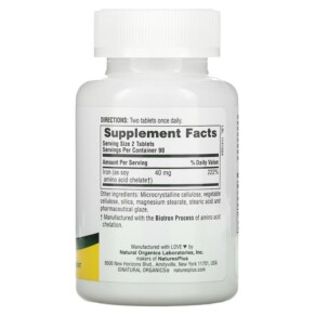 Thành phần vi chất của NaturesPlus Iron 20 mg 180 Tablets 097467034204