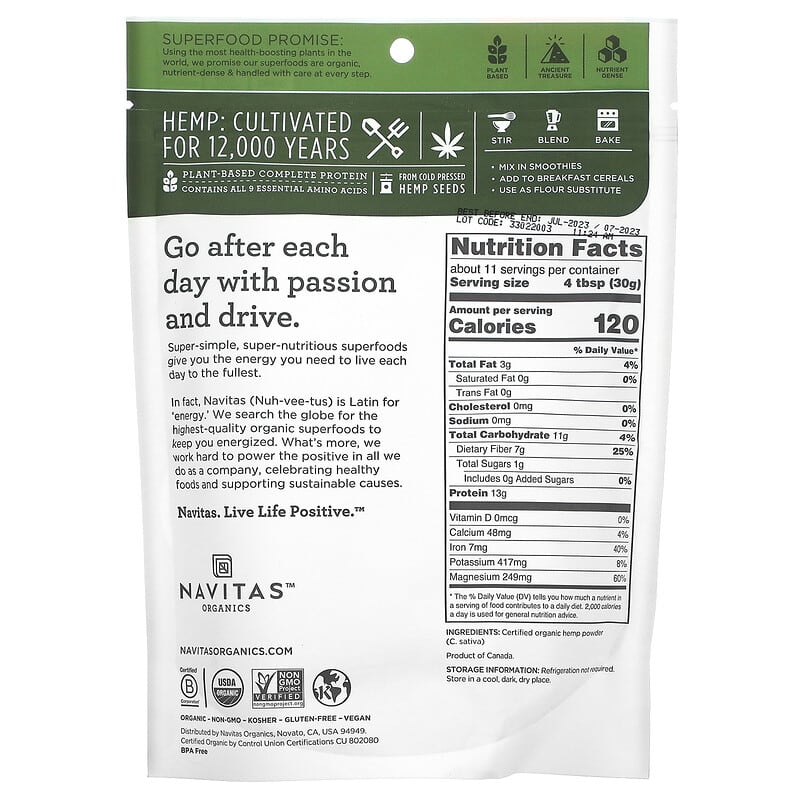 Bột Hạt Gai Navitas Organics 340 g (12 oz) hữu cơ 2 Thành phần vi chất của Navitas Organics Organic Hemp Powder 12 oz (340 g) 858847000420