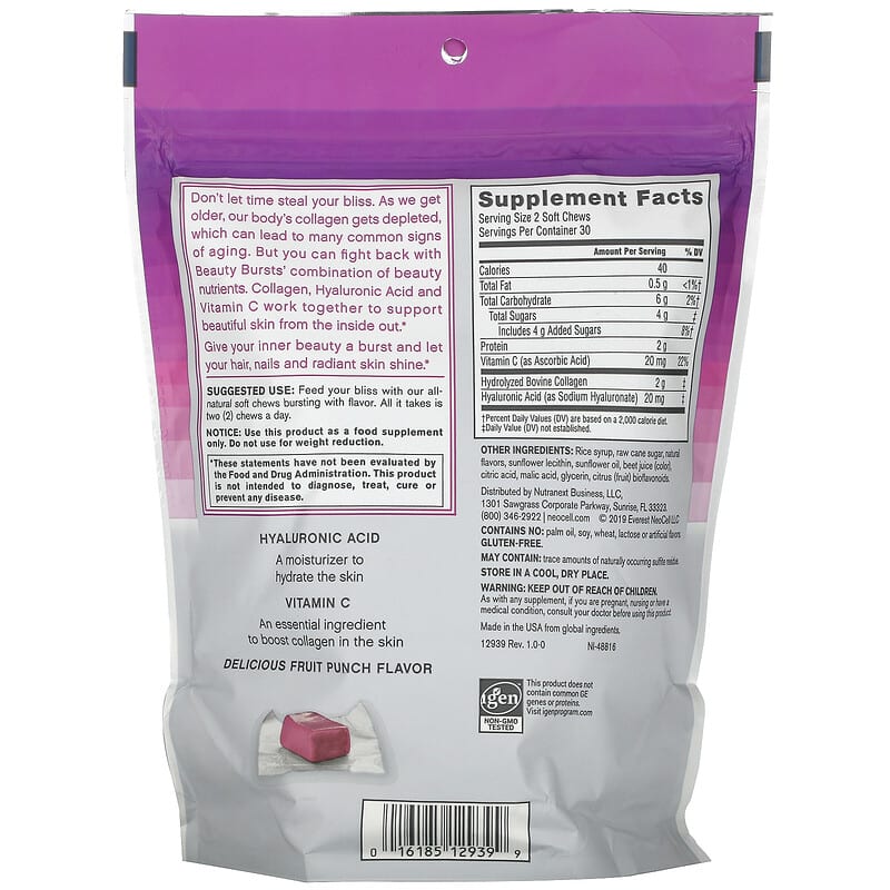 NeoCell Collagen Beauty Soft Chews Hương Trái Cây 1g 60 viên nhai 2 Thành phần vi chất của NeoCell Collagen Beauty Soft Chews Fruit Punch 1 g 60 Soft Chews 016185129399