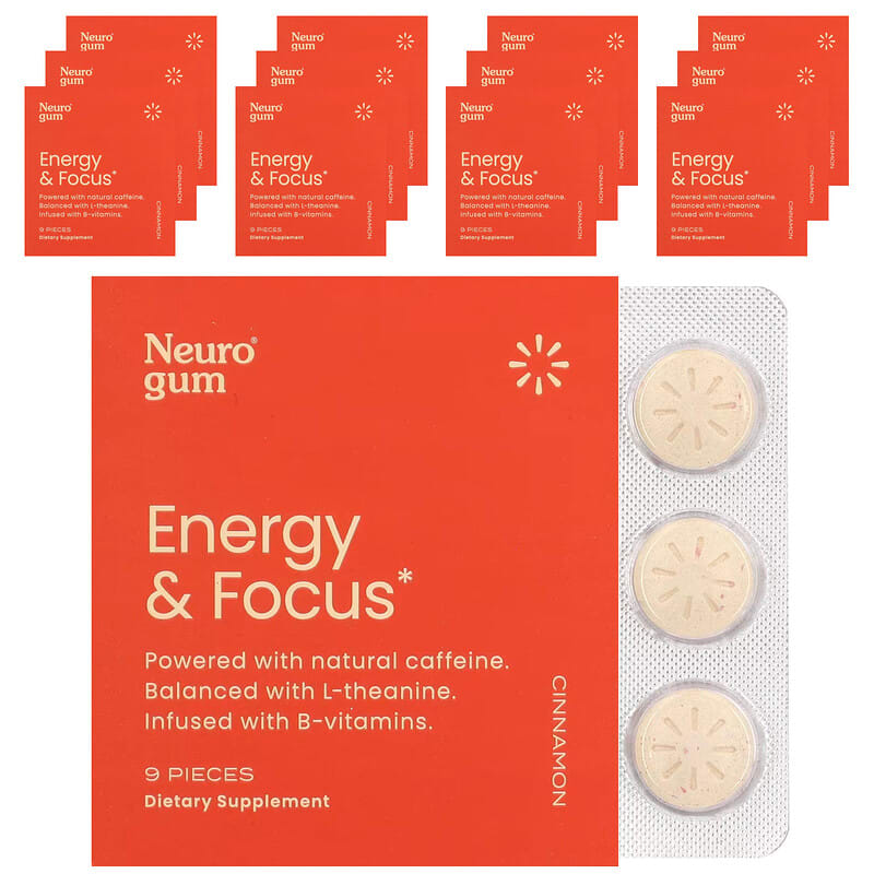 NeuroGum, Energy & Focus, Cinnamon, 12 Packs, 9 Pieces 869657000074
