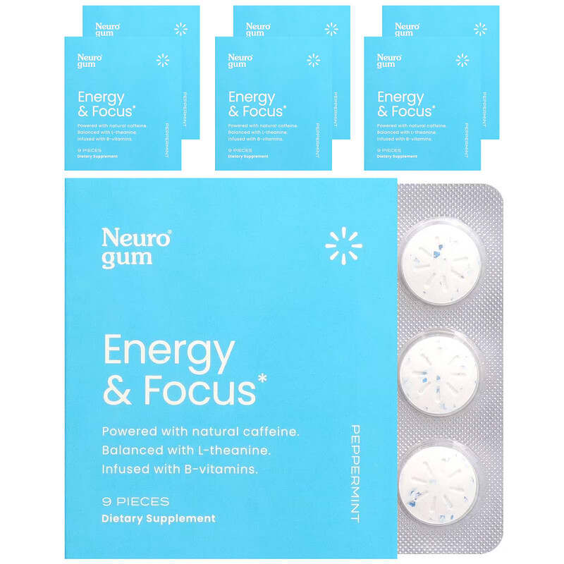 NeuroGum, Energy & Focus, Peppermint, 6 Packs, 9 Pieces 869657000043