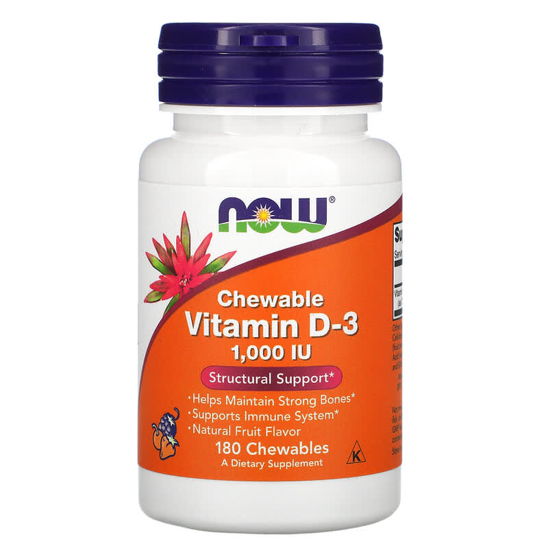 Vitamin D-3 Chewable Hương vị Trái Cây tự nhiên 1.000 IU 180 viên nhai NOW Foods 10 now foods chewable vitamin d 3 natural fruit flavor 1 000 iu 180 chewables 23653 733739003577
