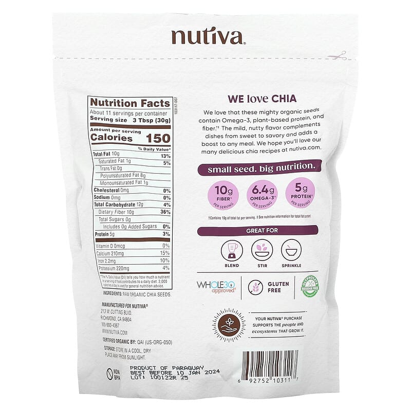 Thành phần vi chất của Nutiva Organic Chia Seeds 12 oz (340 g) 692752103117