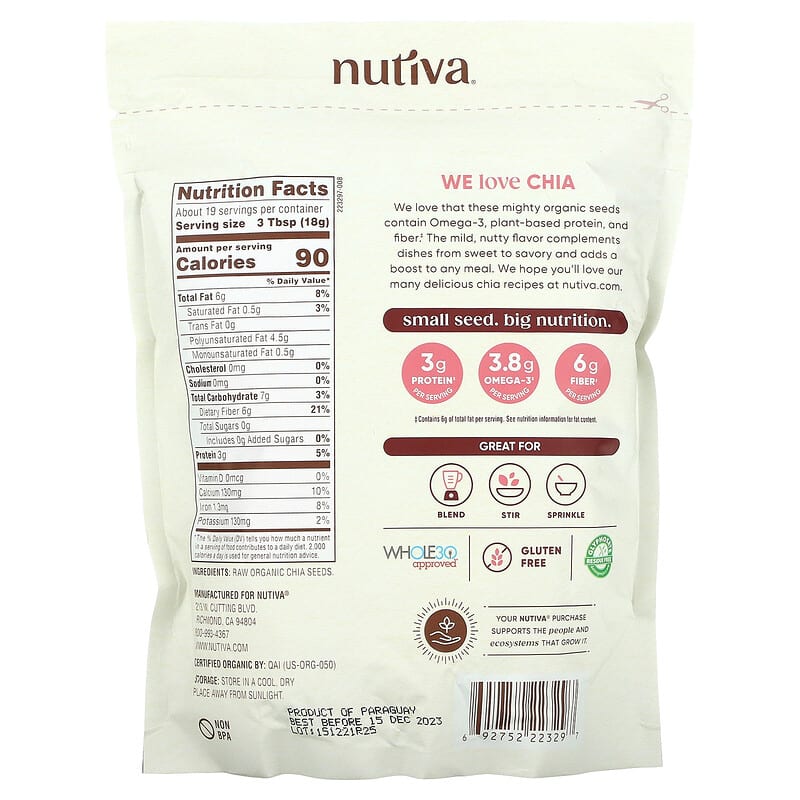 Thành phần vi chất của Nutiva Organic Ground Chia Seeds 12 oz (340 g) 692752223297