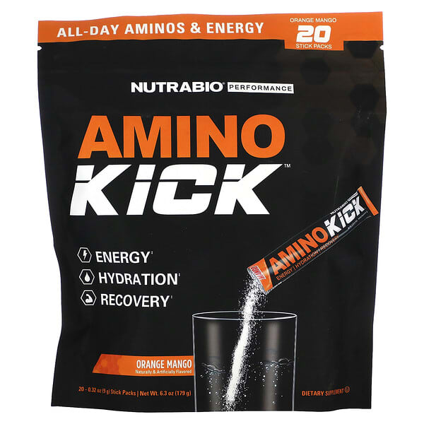 NutraBio Amino Kick Orange Mango 20 gói 0,32 oz 9 g 649908217761