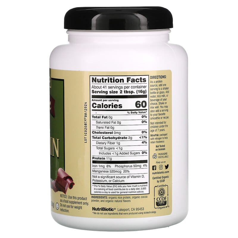 Thành phần vi chất của NutriBiotic Organic Rice Protein Powder Chocolate 1 lb 6.93 oz (650 g) 728177030100